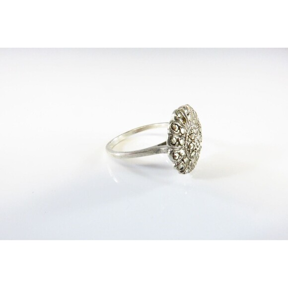 Antique Style Round Flower Form Marcasite Ring Solid Back Sterling Silver Size 4 - Picture 3 of 7